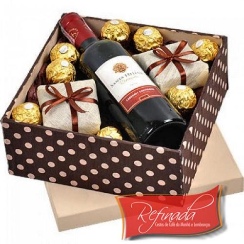 Cesta de Presente Vinho e Chocolate na Caixa R$ 259,00